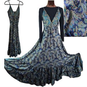 Stunning Blue Vintage silk maxi bohemian dress parsley print size M